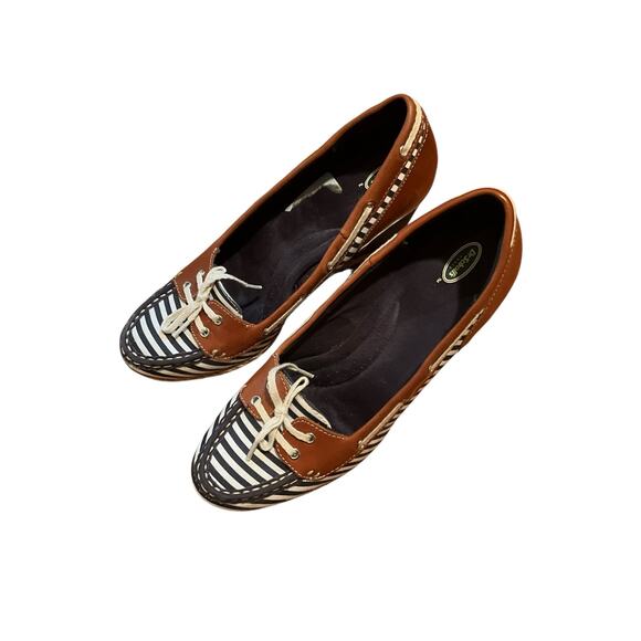 Scholl's Leather Espadrille Wedge Heels Blue White Striped